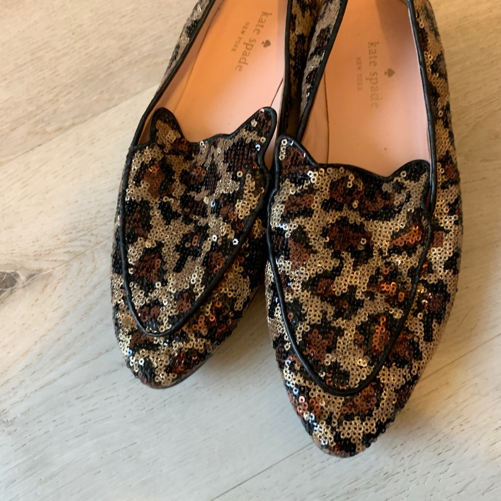 Kate Spade New York Leopard Sequin Cat Ear Loafers Flats Brown Gold 7M - Picture 2 of 6